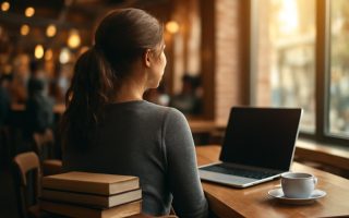 femme-table-cafe-livres-ordinateur