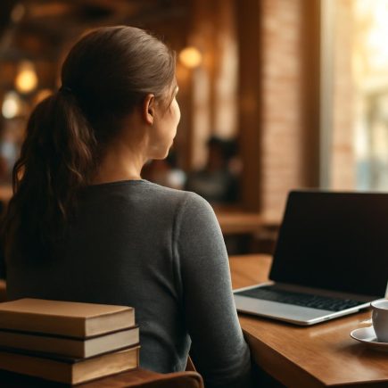 femme-table-cafe-livres-ordinateur