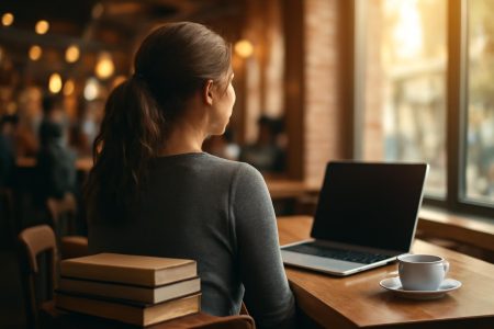 femme-table-cafe-livres-ordinateur