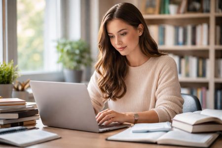 etudiante-bureau-livres-ordinateur-bibliotheque